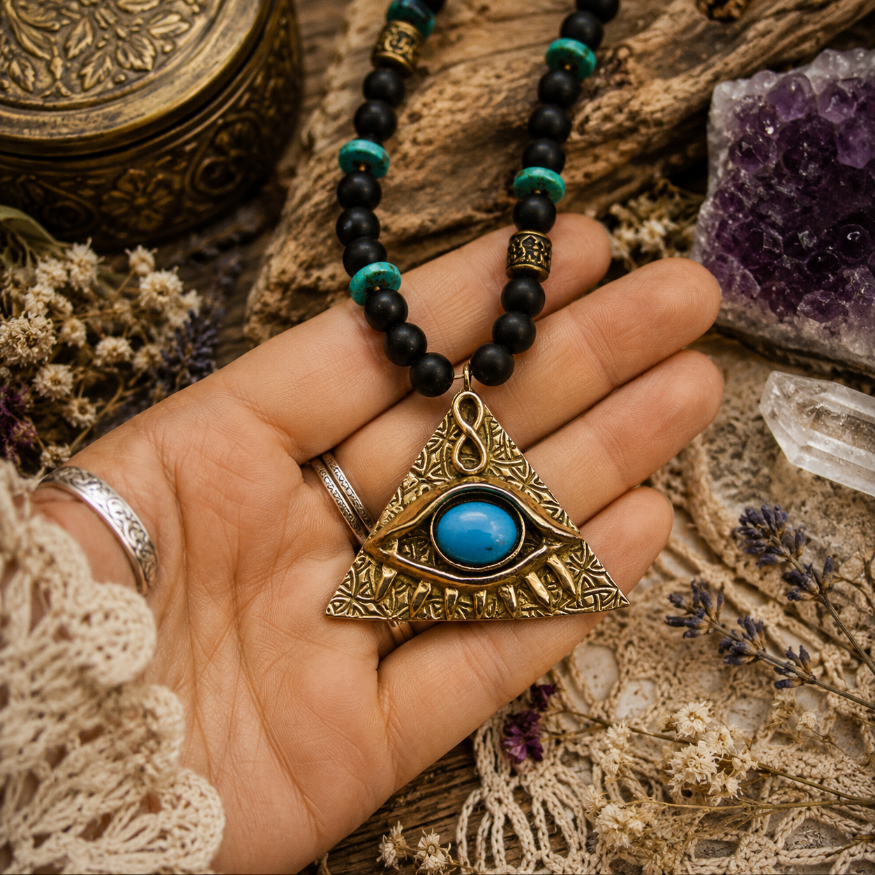Handmade bronze Evil Eye necklace with natural Arizona turquoise, black onyx and turquoise beads. Mystical All-Seeing Eye protection amulet by CosmicDeva.