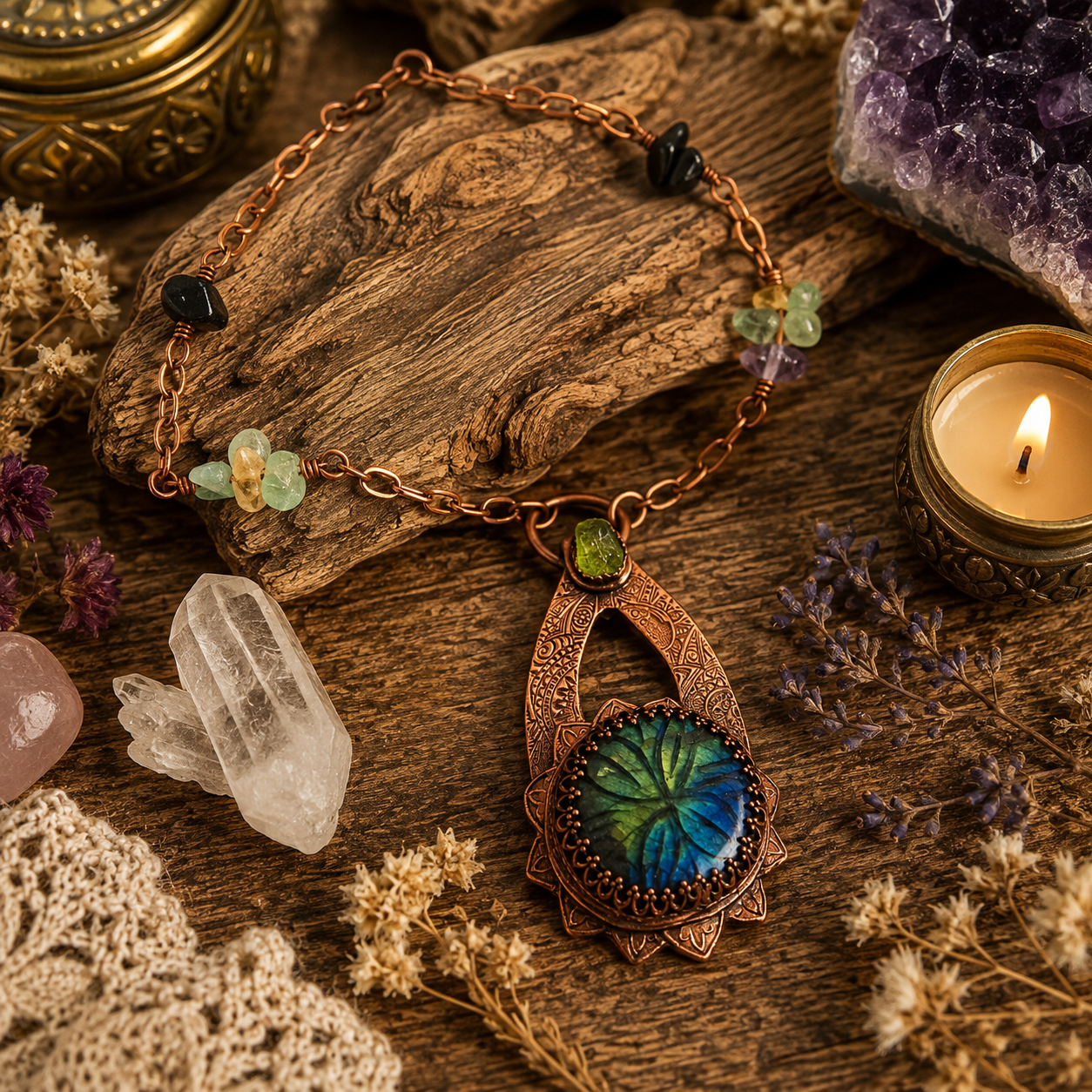 Handmade Labradorite and Peridot copper necklace with carved floral gemstone, Fluorite and Black Onyx beads. One-of-a-kind boho artisan jewelry. By cosmicdeva