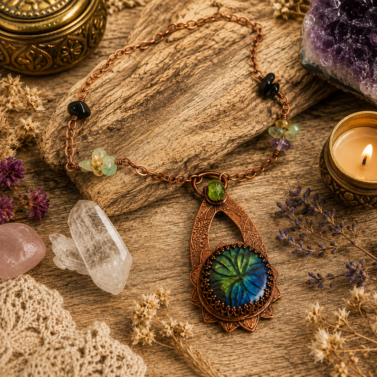 Handmade Labradorite and Peridot copper necklace with carved floral gemstone, Fluorite and Black Onyx beads. One-of-a-kind boho artisan jewelry. By cosmicdeva