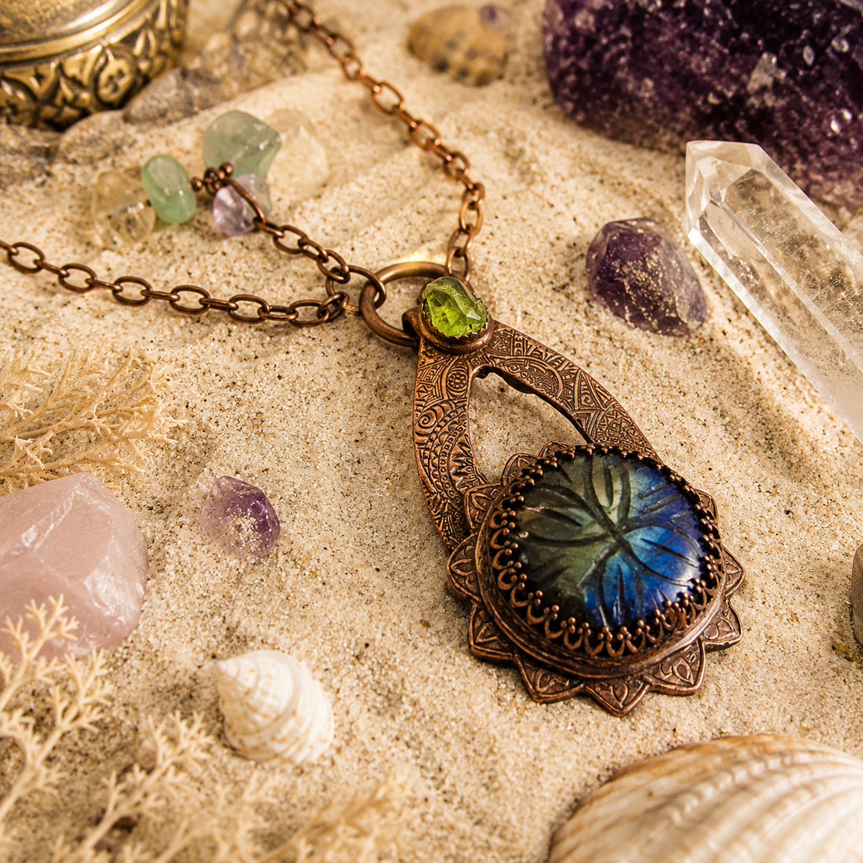 Handmade Labradorite and Peridot copper necklace with carved floral gemstone, Fluorite and Black Onyx beads. One-of-a-kind boho artisan jewelry. By cosmicdeva