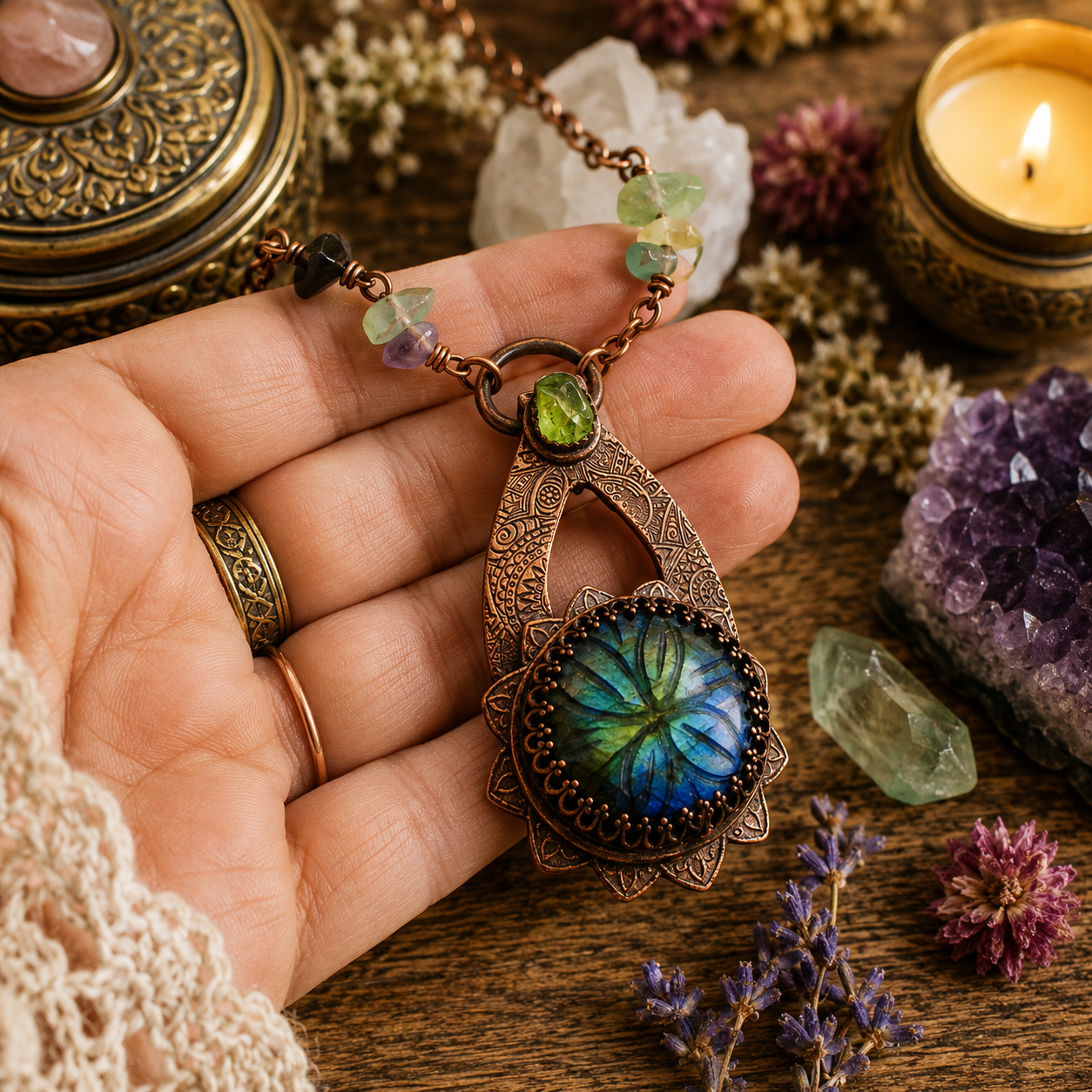 Handmade Labradorite and Peridot copper necklace with carved floral gemstone, Fluorite and Black Onyx beads. One-of-a-kind boho artisan jewelry. By cosmicdeva