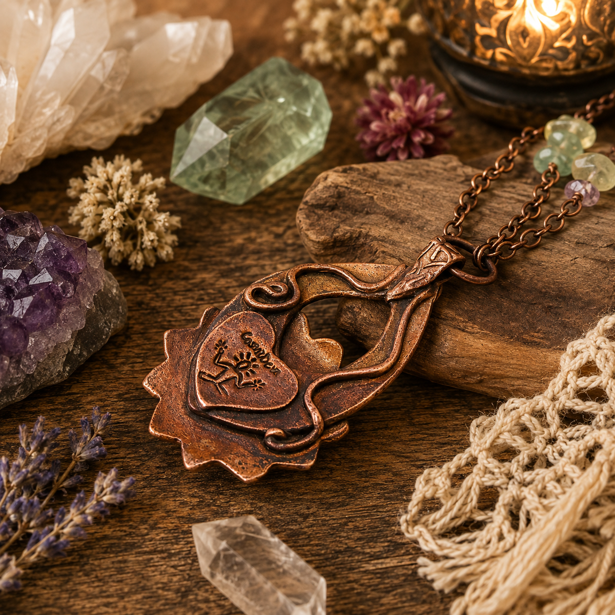 Handmade Labradorite and Peridot copper necklace with carved floral gemstone, Fluorite and Black Onyx beads. One-of-a-kind boho artisan jewelry. By cosmicdeva