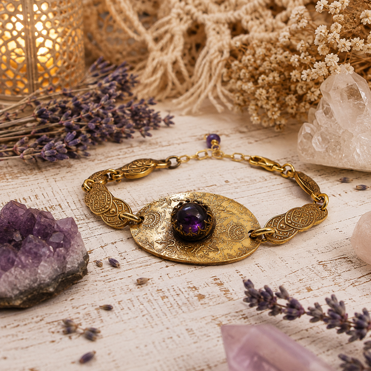 Handmade amethyst bronze bracelet featuring natural purple amethyst, medieval filigree details and lepidolite. Adjustable artisan boho jewelry made in USA. By cosmicdeva
