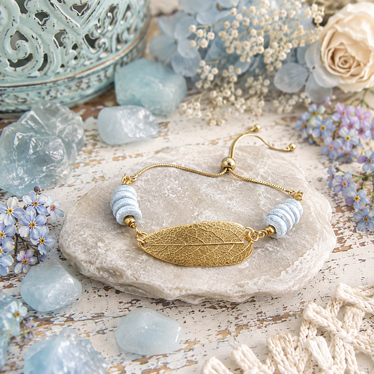 Handmade gold bronze sage leaf bracelet featuring a real botanical leaf imprint, Fair Trade aqua Ashanti glass beads and an adjustable slide clasp. By cosmicdeva 