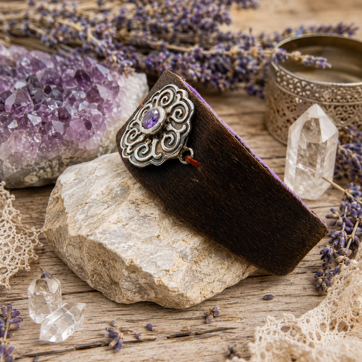Handmade cowhide leather cuff bracelet with Celtic .950 sterling silver centerpiece and purple amethyst CZ. Unique boho Western artisan jewelry. By Cosmicdeva 