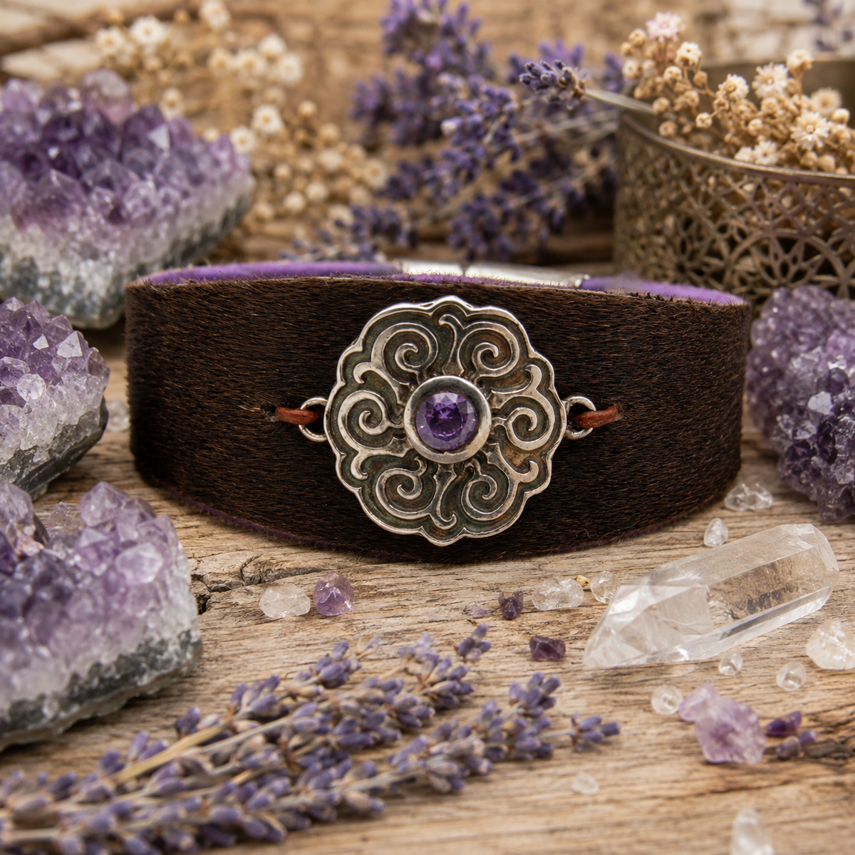 Handmade cowhide leather cuff bracelet with Celtic .950 sterling silver centerpiece and purple amethyst CZ. Unique boho Western artisan jewelry. By Cosmicdeva 