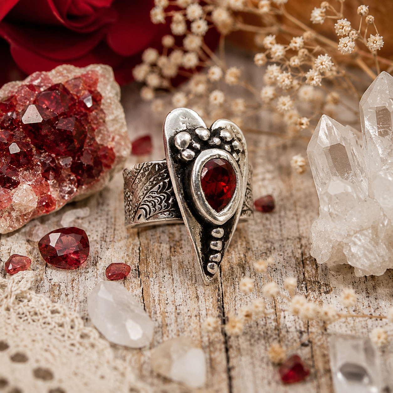 Handmade red fire opal heart ring in .950 sterling silver with a boho wide band design. Romantic artisan statement ring, US size 7 by CosmicDeva.