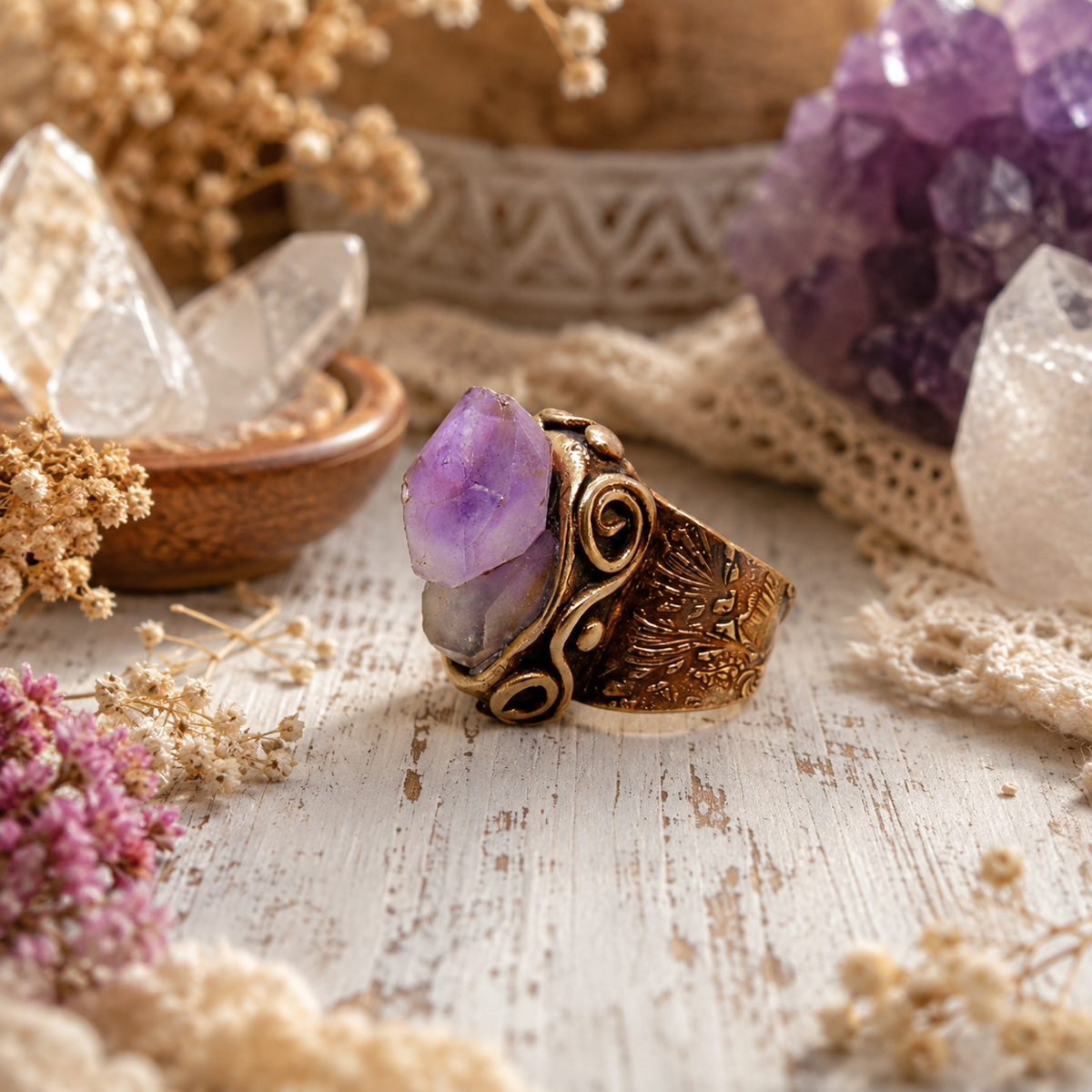 One-of-a-kind raw skeletal amethyst statement ring handcrafted in solid gold bronze. Purple February birthstone boho artisan ring, US size 8.