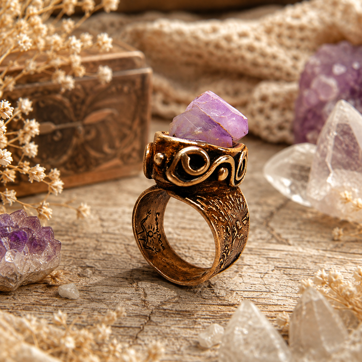 One-of-a-kind raw skeletal amethyst statement ring handcrafted in solid gold bronze. Purple February birthstone boho artisan ring, US size 8.