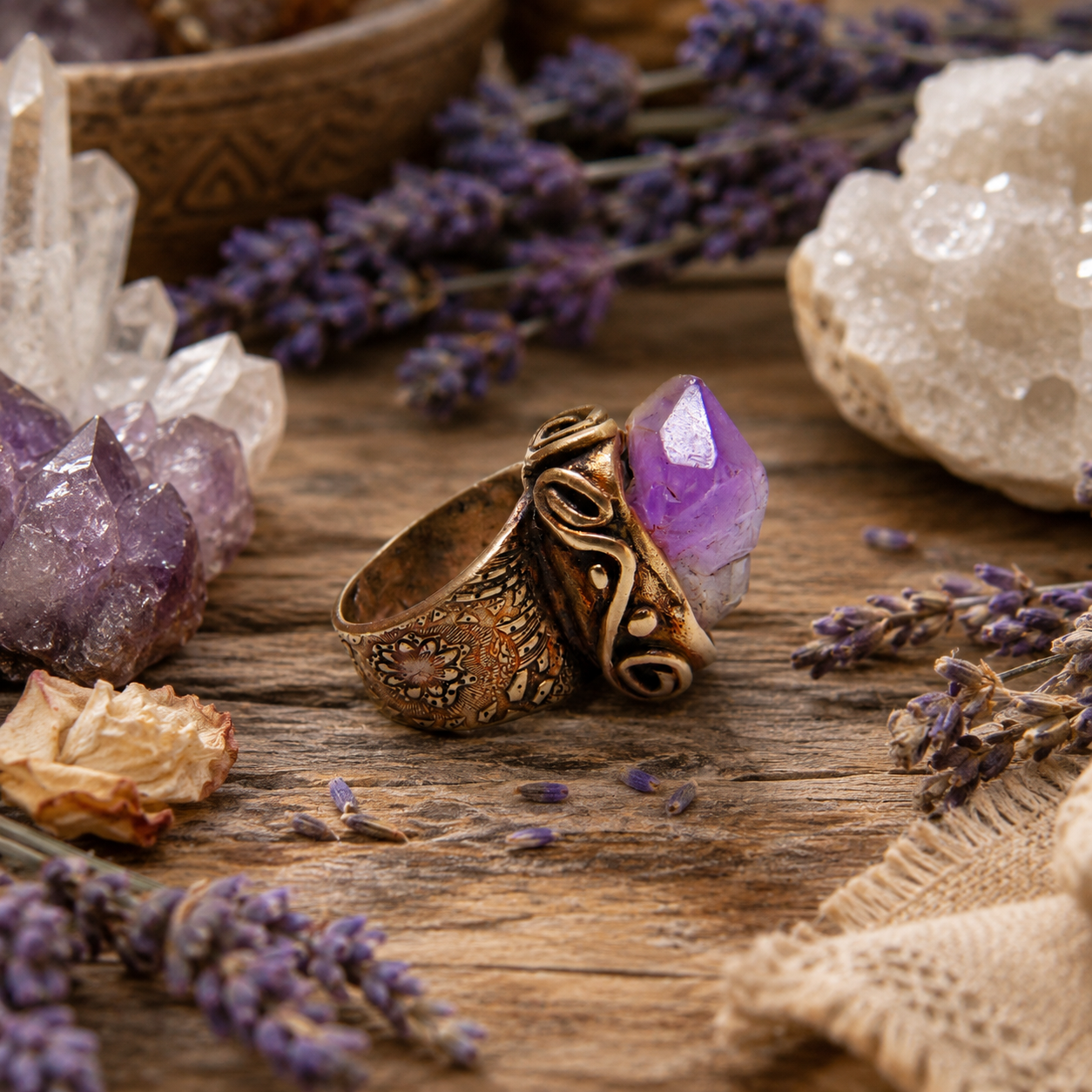 One-of-a-kind raw skeletal amethyst statement ring handcrafted in solid gold bronze. Purple February birthstone boho artisan ring, US size 8.