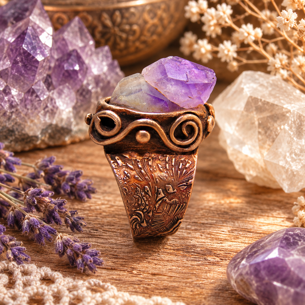 One-of-a-kind raw skeletal amethyst statement ring handcrafted in solid gold bronze. Purple February birthstone boho artisan ring, US size 8.