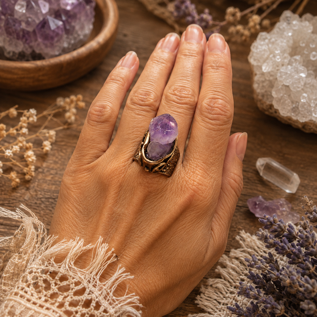 One-of-a-kind raw skeletal amethyst statement ring handcrafted in solid gold bronze. Purple February birthstone boho artisan ring, US size 8.