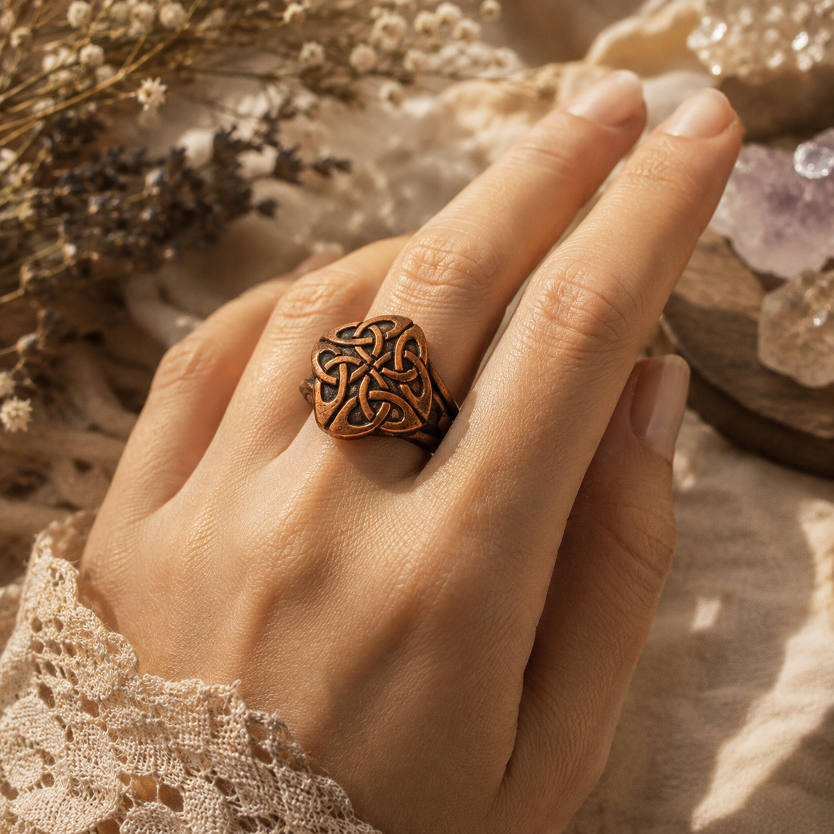 Handmade Celtic knot ring crafted from solid oxidized copper. Unique Irish medieval statement ring, US size 7, with antique finish and gift box. by cosmicdeva