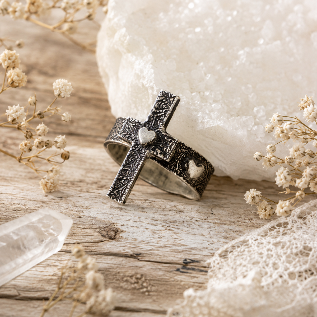 Handmade sterling silver cross ring with heart and oxidized texture. Meaningful Christian faith jewelry, handmade in the USA. Size 7 3/4. By Cosmicdeva 