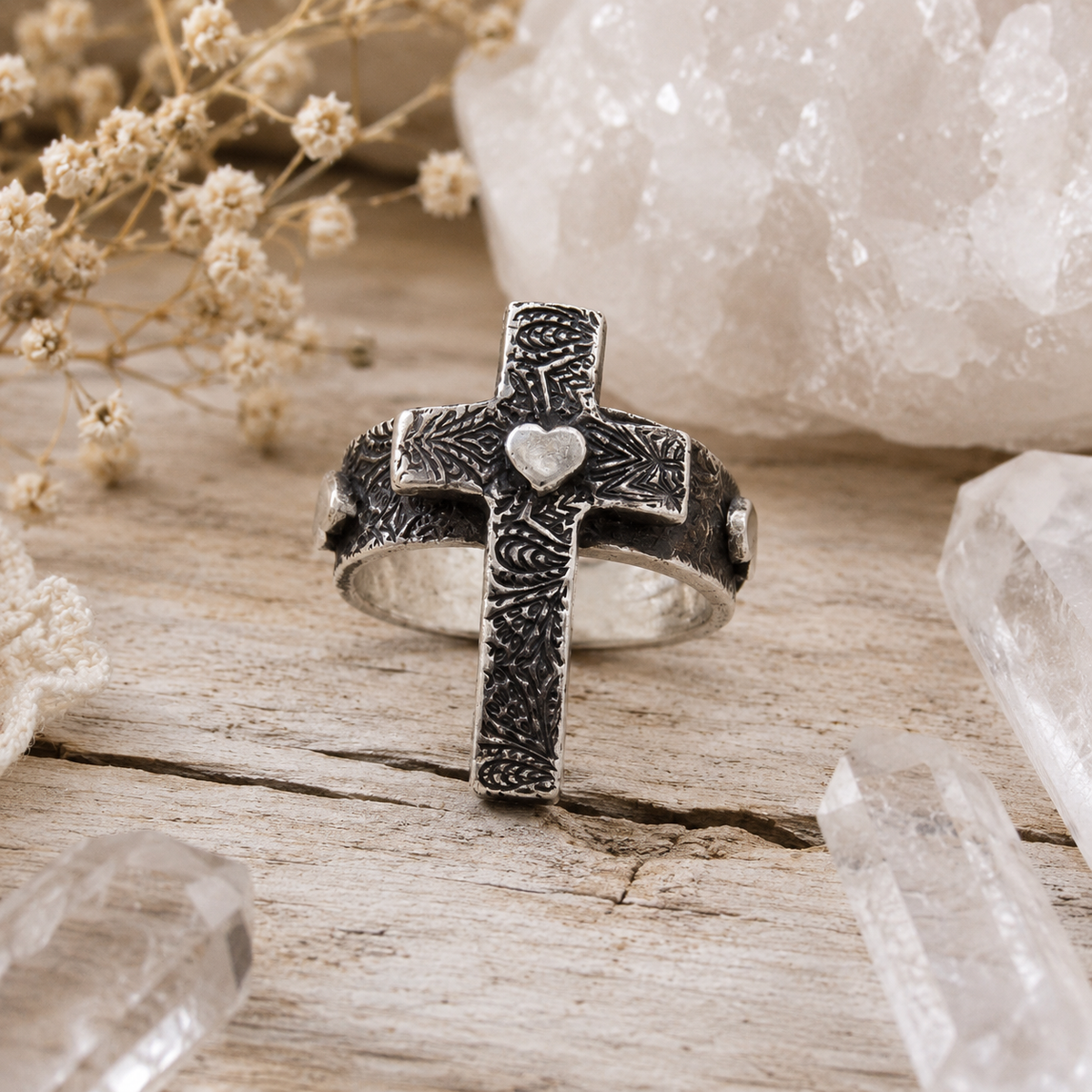 Cross Ring Sterling Silver, Heart For Christ Ring, Christian Rings, Faith Ring Size 7  3/4 Ring - CosmicDeva