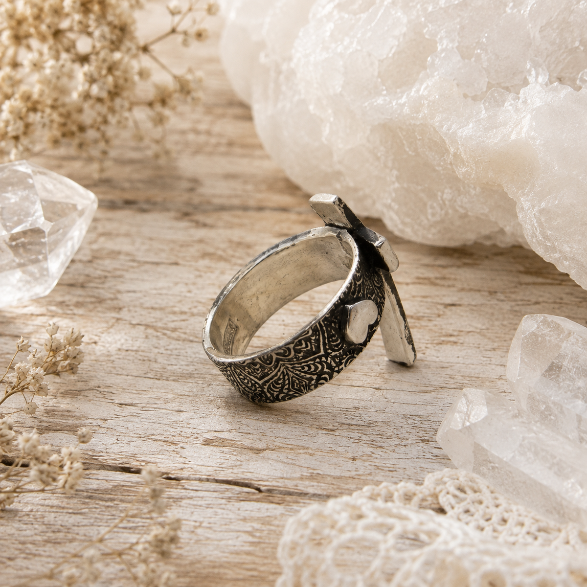 Handmade sterling silver cross ring with heart and oxidized texture. Meaningful Christian faith jewelry, handmade in the USA. Size 7 3/4. By Cosmicdeva 