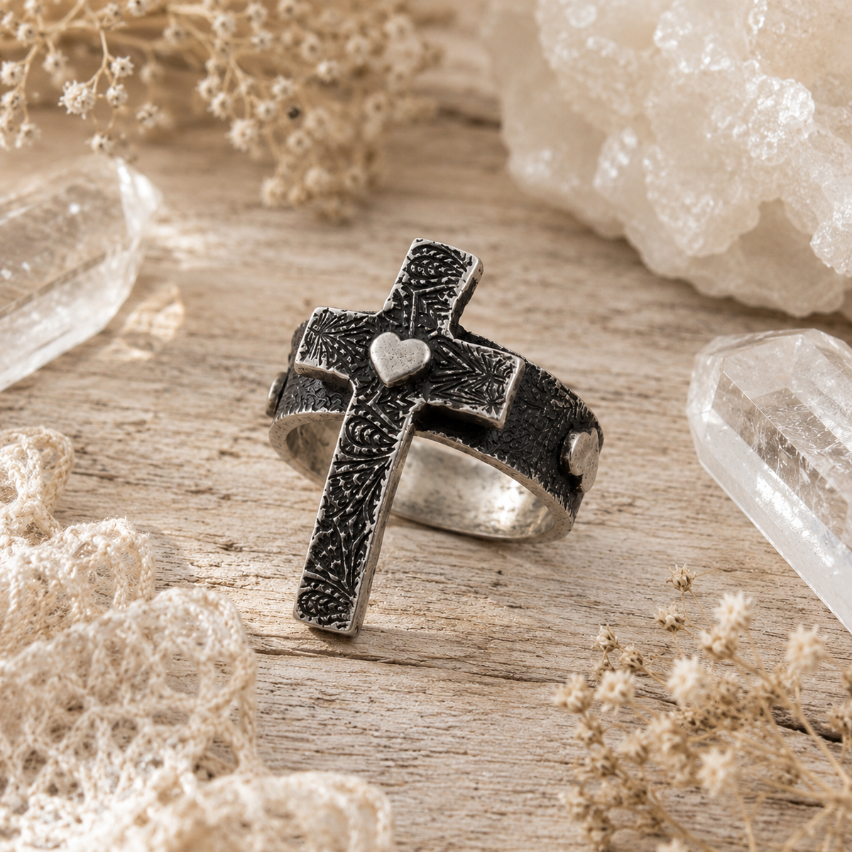 Handmade sterling silver cross ring with heart and oxidized texture. Meaningful Christian faith jewelry, handmade in the USA. Size 7 3/4. By Cosmicdeva 