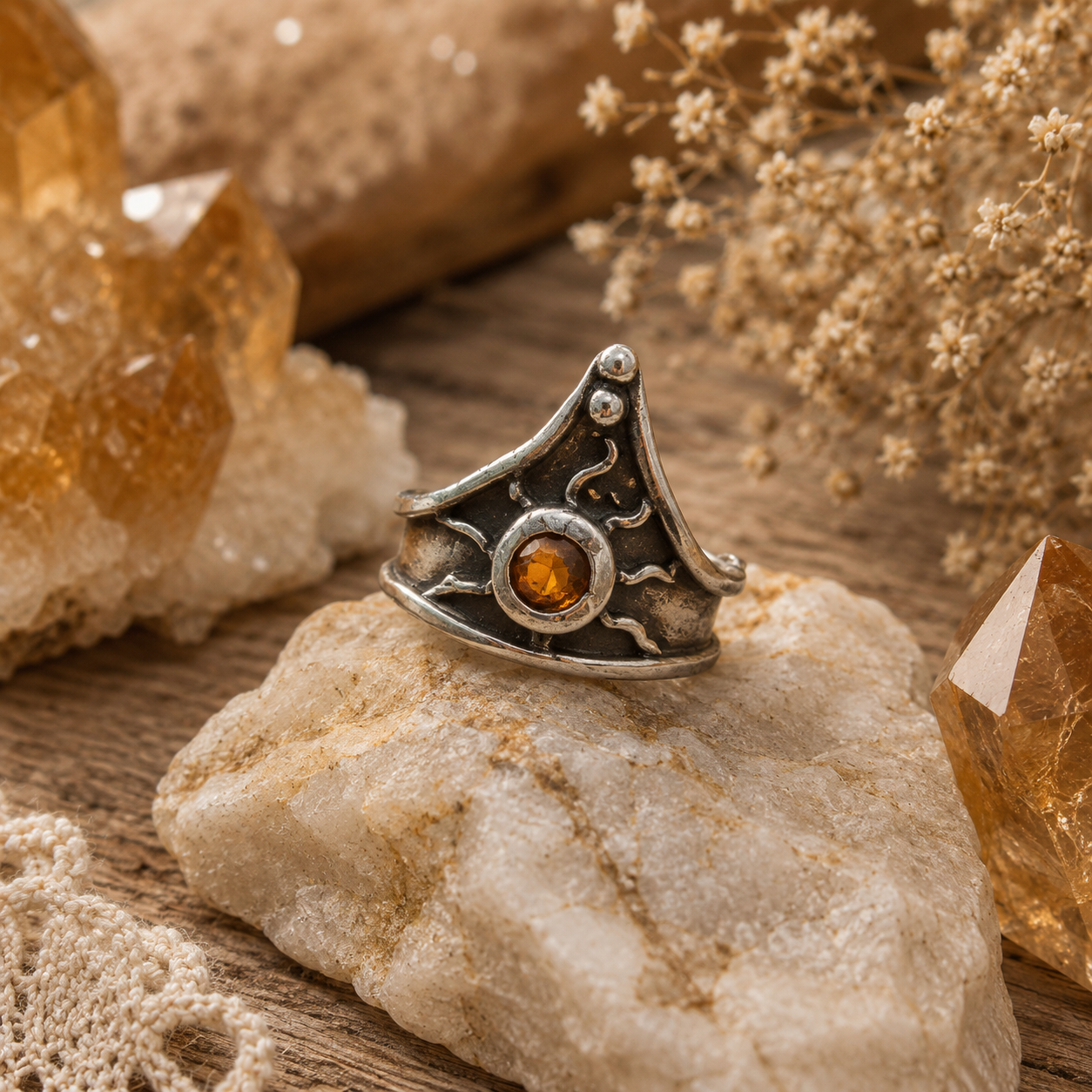 Handmade .950 sterling silver citrine ring with medieval triangle shield design, 5mm golden CZ stone and oxidized antique finish. US size 7.5. by Cosmicdeva 