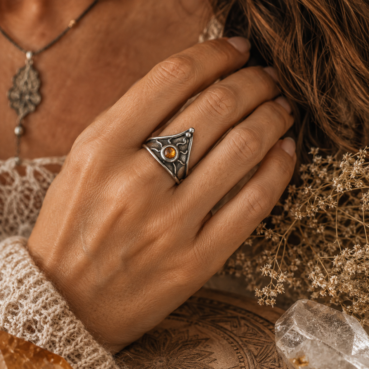 Handmade .950 sterling silver citrine ring with medieval triangle shield design, 5mm golden CZ stone and oxidized antique finish. US size 7.5. by Cosmicdeva 