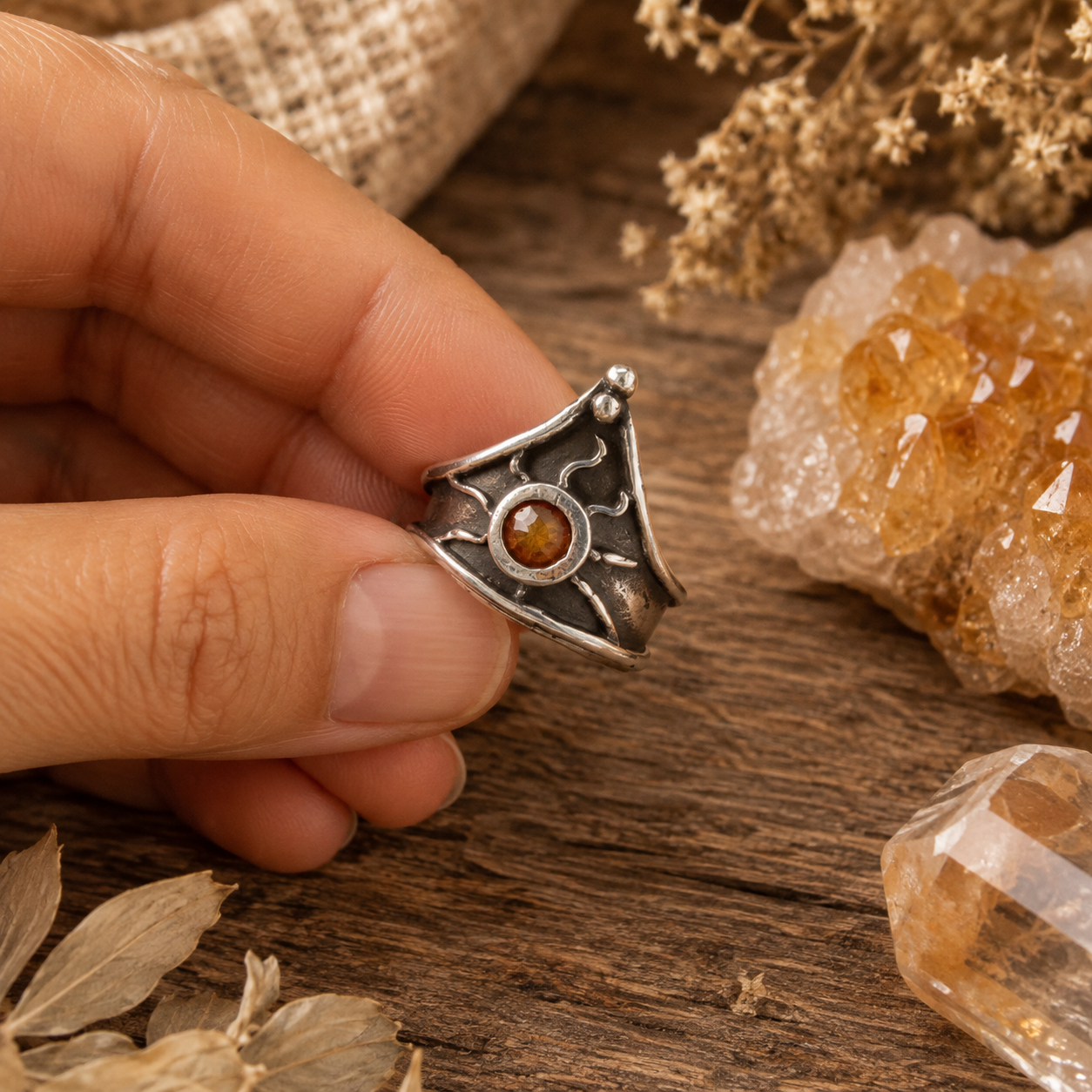 Handmade .950 sterling silver citrine ring with medieval triangle shield design, 5mm golden CZ stone and oxidized antique finish. US size 7.5. by Cosmicdeva 
