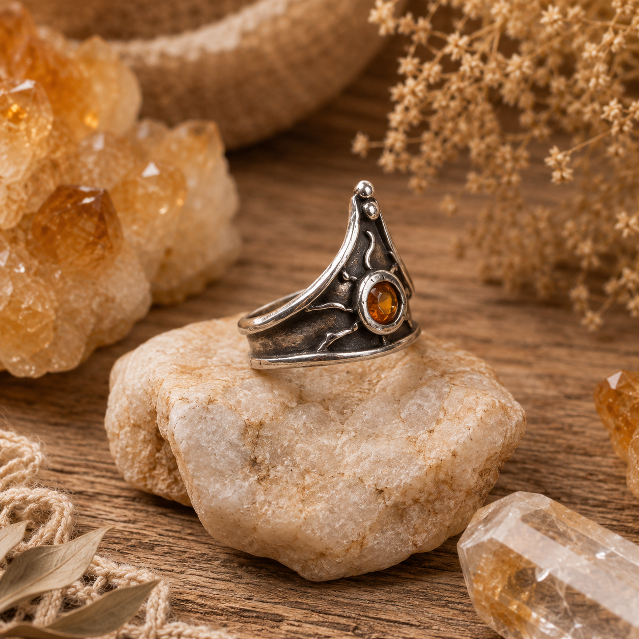 Handmade .950 sterling silver citrine ring with medieval triangle shield design, 5mm golden CZ stone and oxidized antique finish. US size 7.5. by Cosmicdeva 