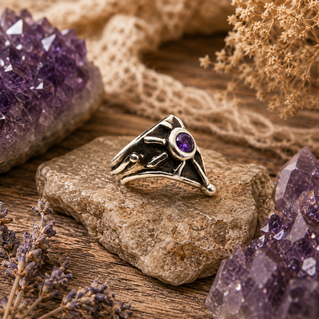 Handmade .999 fine silver amethyst ring with medieval triangle shield design, 5mm purple CZ amethyst and oxidized antique finish. US size 6¾–7. By cosmicdeva