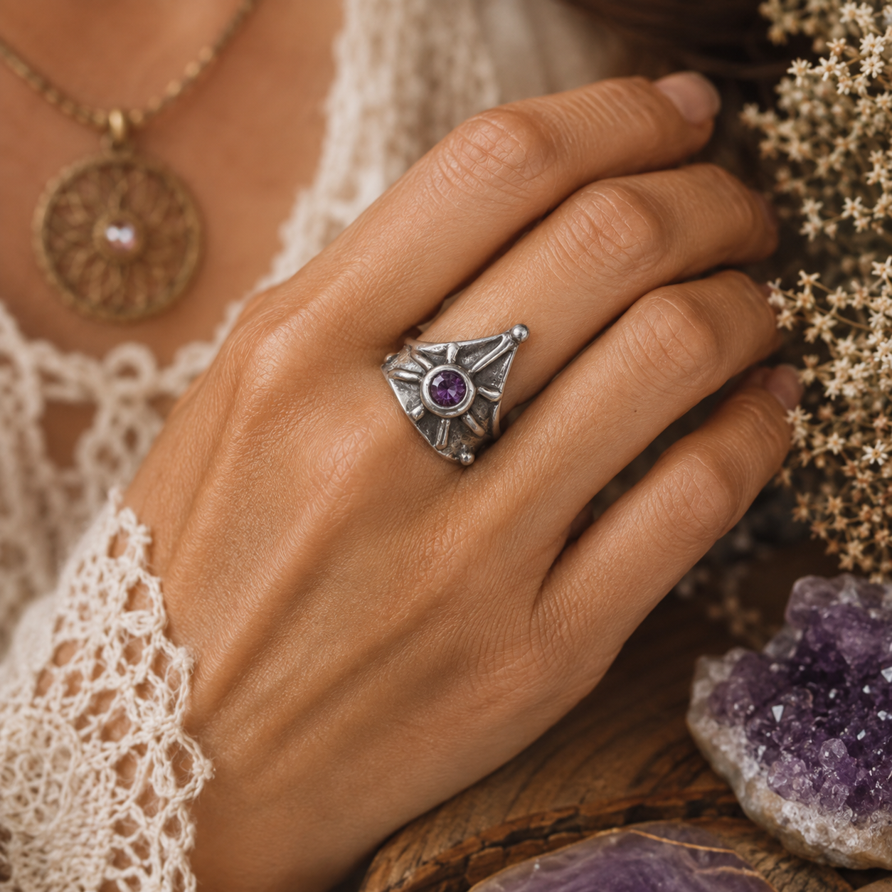 Handmade .999 fine silver amethyst ring with medieval triangle shield design, 5mm purple CZ amethyst and oxidized antique finish. US size 6¾–7. By cosmicdeva