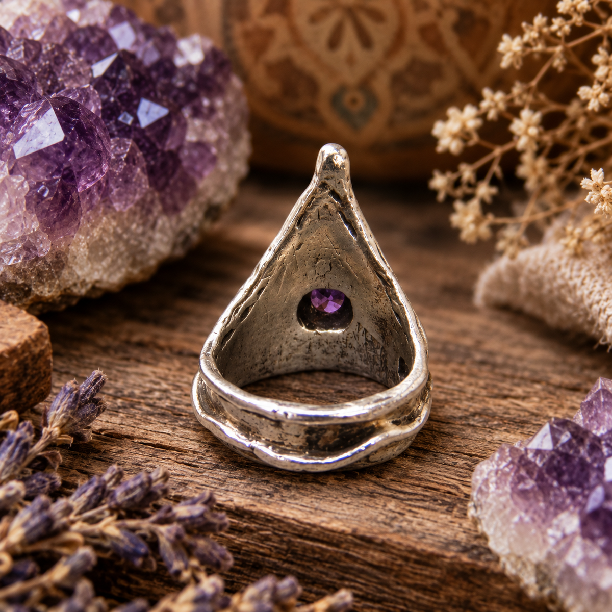 Handmade .999 fine silver amethyst ring with medieval triangle shield design, 5mm purple CZ amethyst and oxidized antique finish. US size 6¾–7. By cosmicdeva