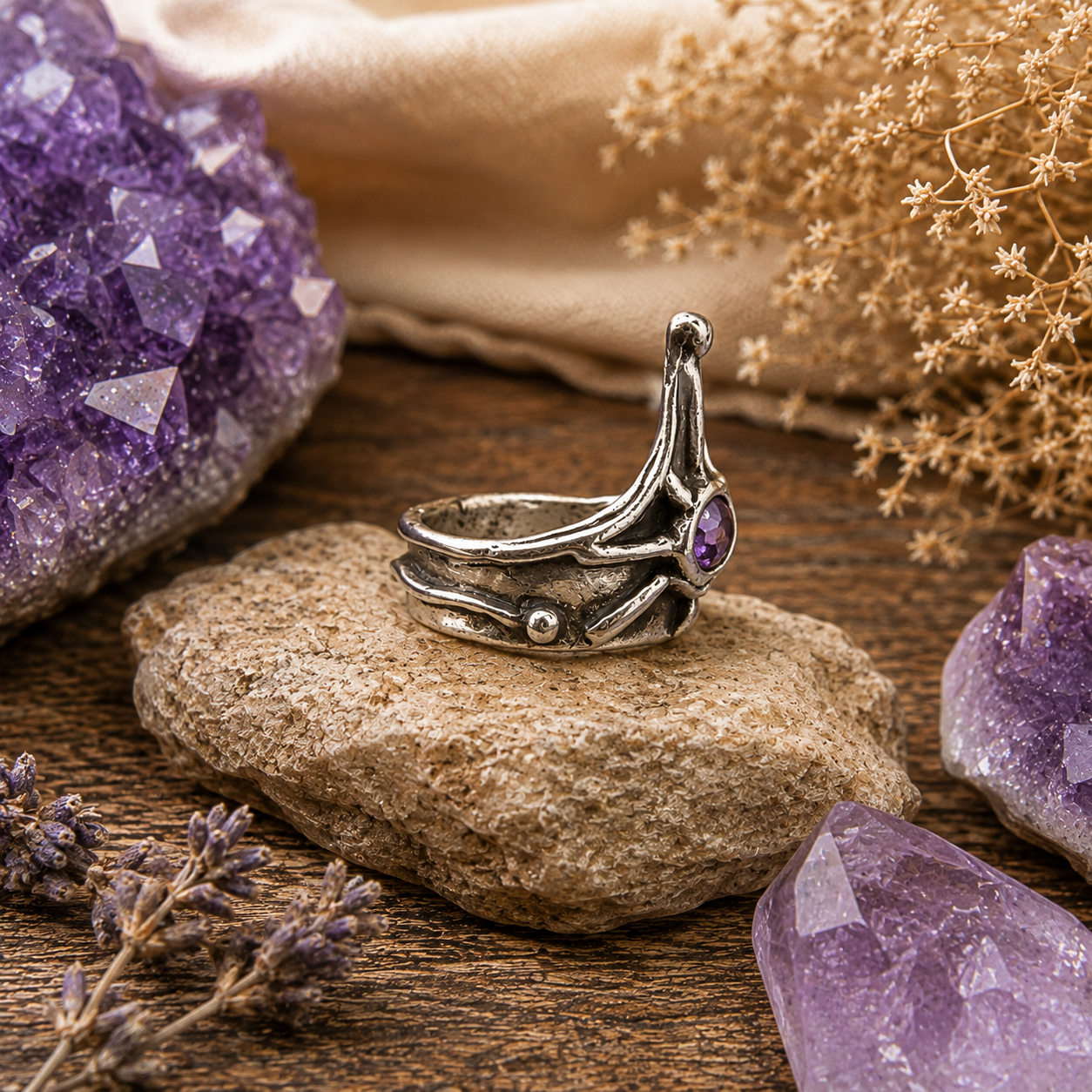 Handmade .999 fine silver amethyst ring with medieval triangle shield design, 5mm purple CZ amethyst and oxidized antique finish. US size 6¾–7. By cosmicdeva