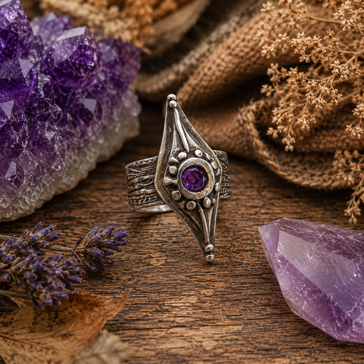 Bohemian amethyst ring handcrafted in .950 sterling silver with a sparkling purple stone, textured wide band and rustic oxidized finish. Unique artisan boho jewelry.by Cosmicdeva 