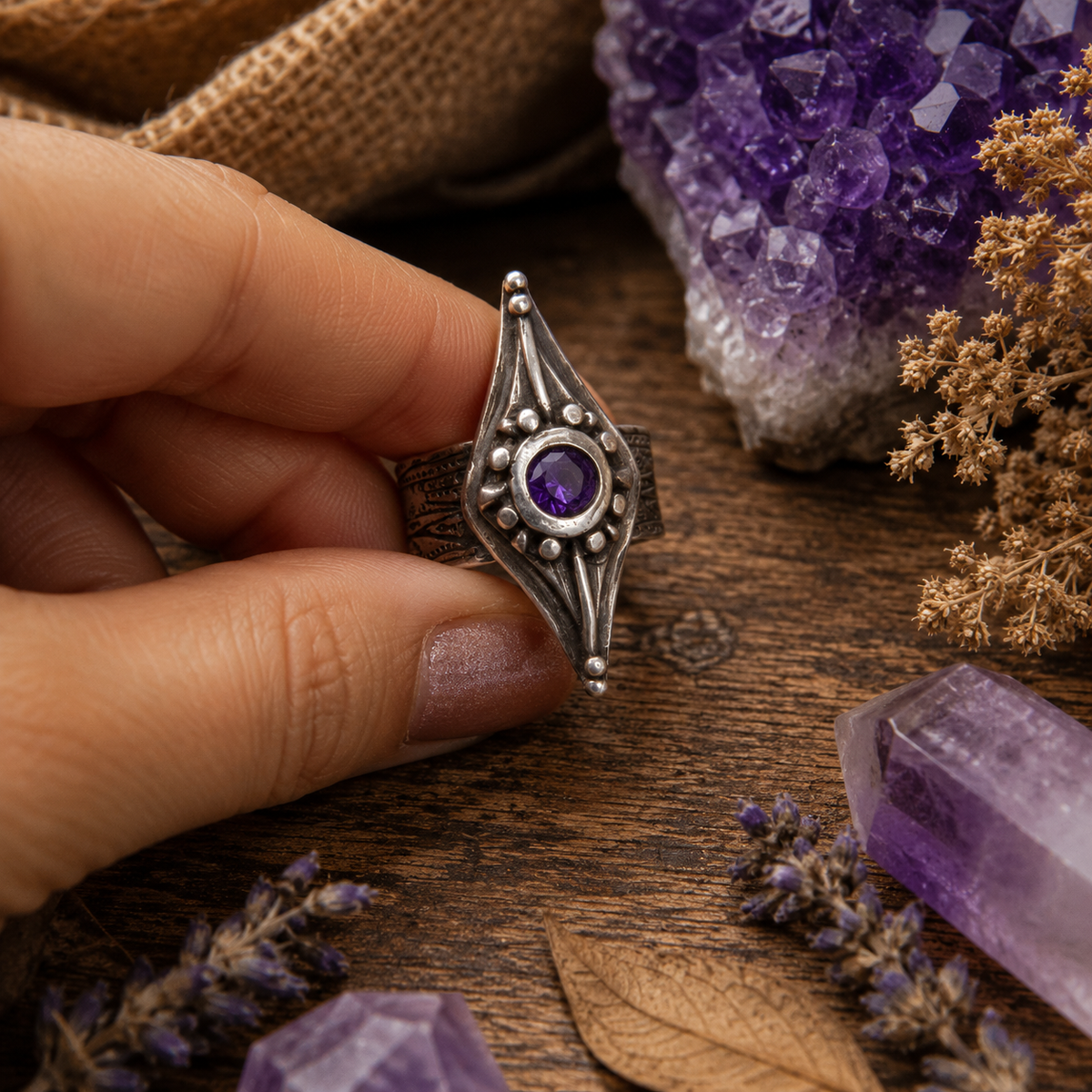 Bohemian amethyst ring handcrafted in .950 sterling silver with a sparkling purple stone, textured wide band and rustic oxidized finish. Unique artisan boho jewelry.by Cosmicdeva 