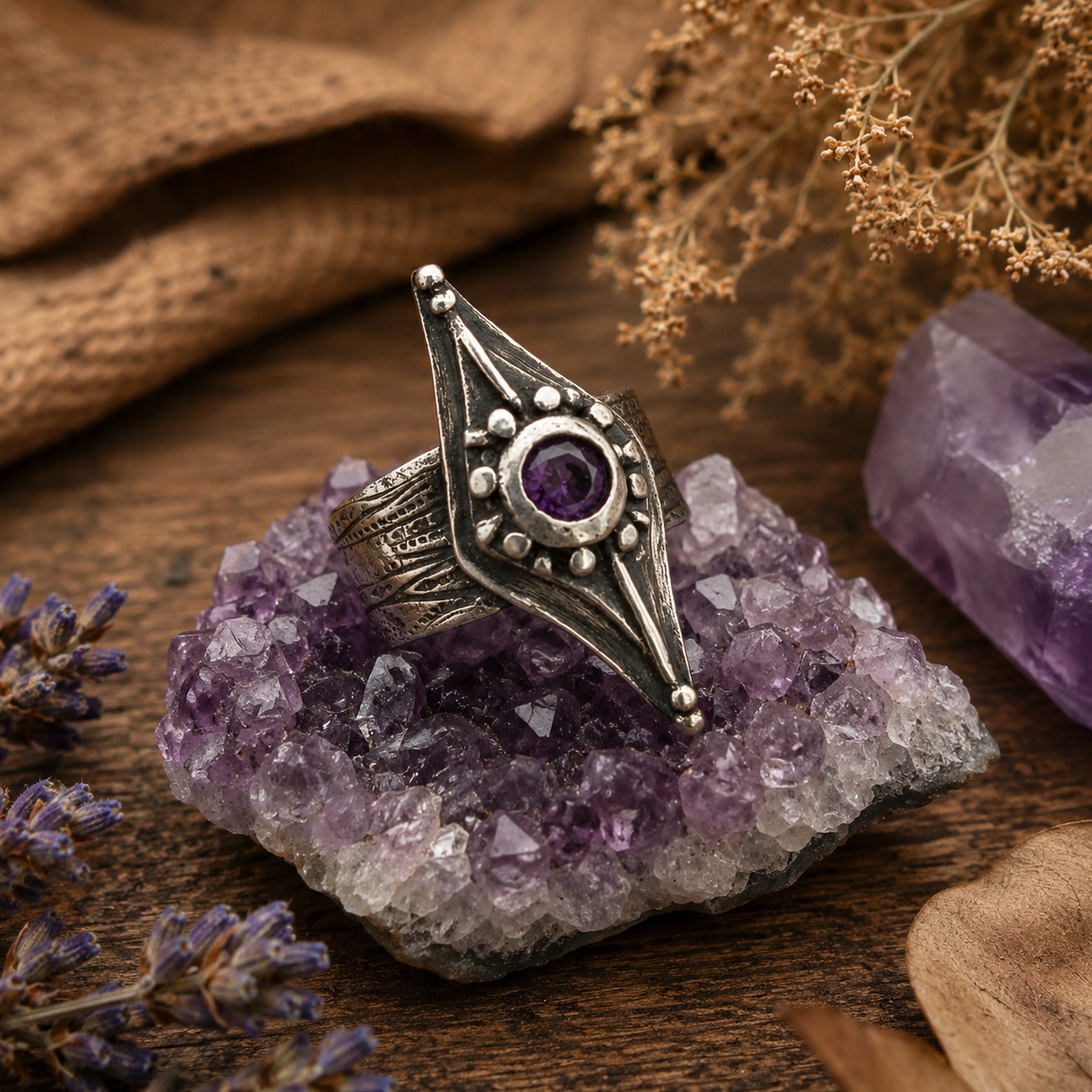 Bohemian amethyst ring handcrafted in .950 sterling silver with a sparkling purple stone, textured wide band and rustic oxidized finish. Unique artisan boho jewelry.by Cosmicdeva 