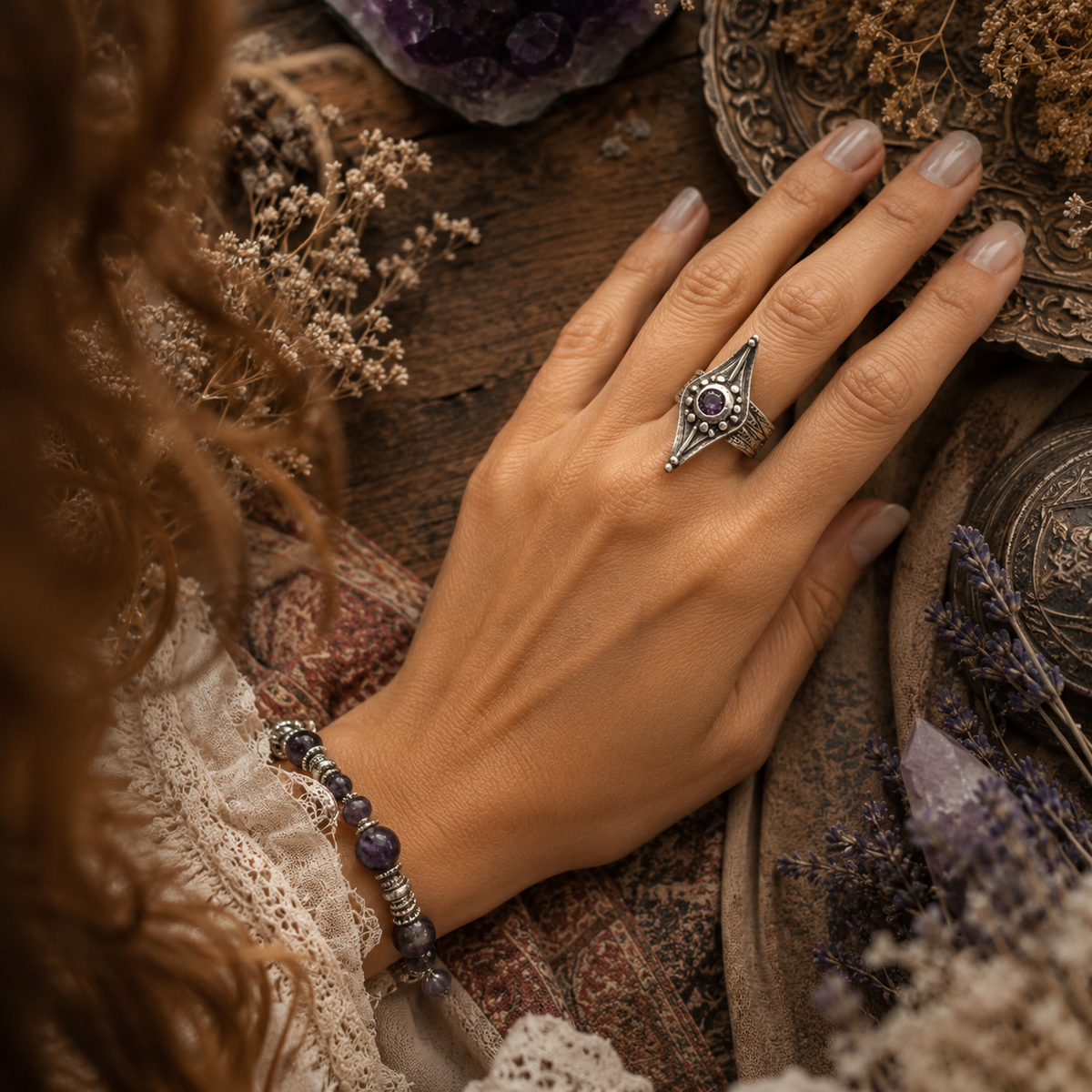 Bohemian amethyst ring handcrafted in .950 sterling silver with a sparkling purple stone, textured wide band and rustic oxidized finish. Unique artisan boho jewelry.by Cosmicdeva 