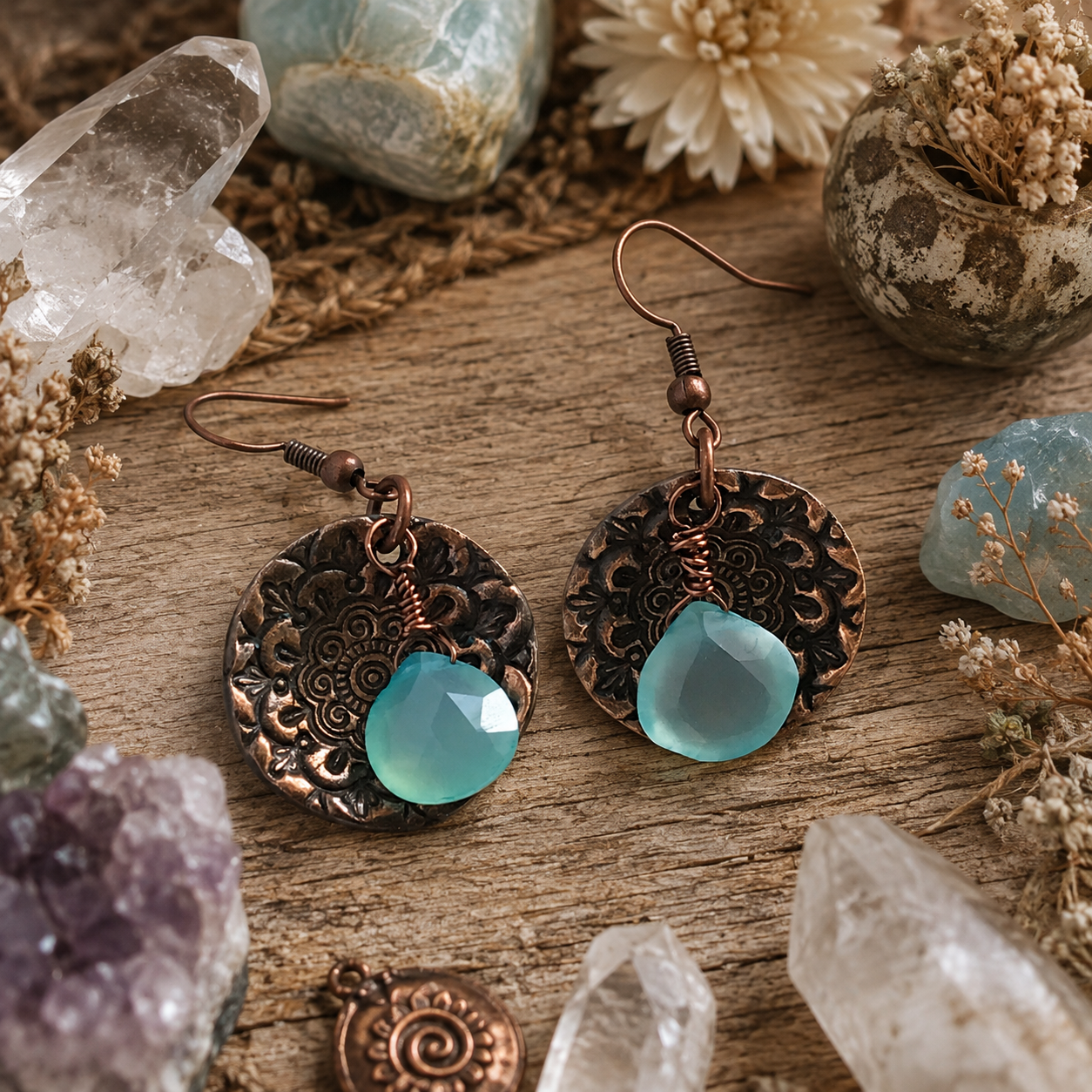 Handmade blue chalcedony earrings with oxidized copper floral mandala discs. Aqua gemstone boho dangle earrings handcrafted in the USA. By Cosmicdeva 