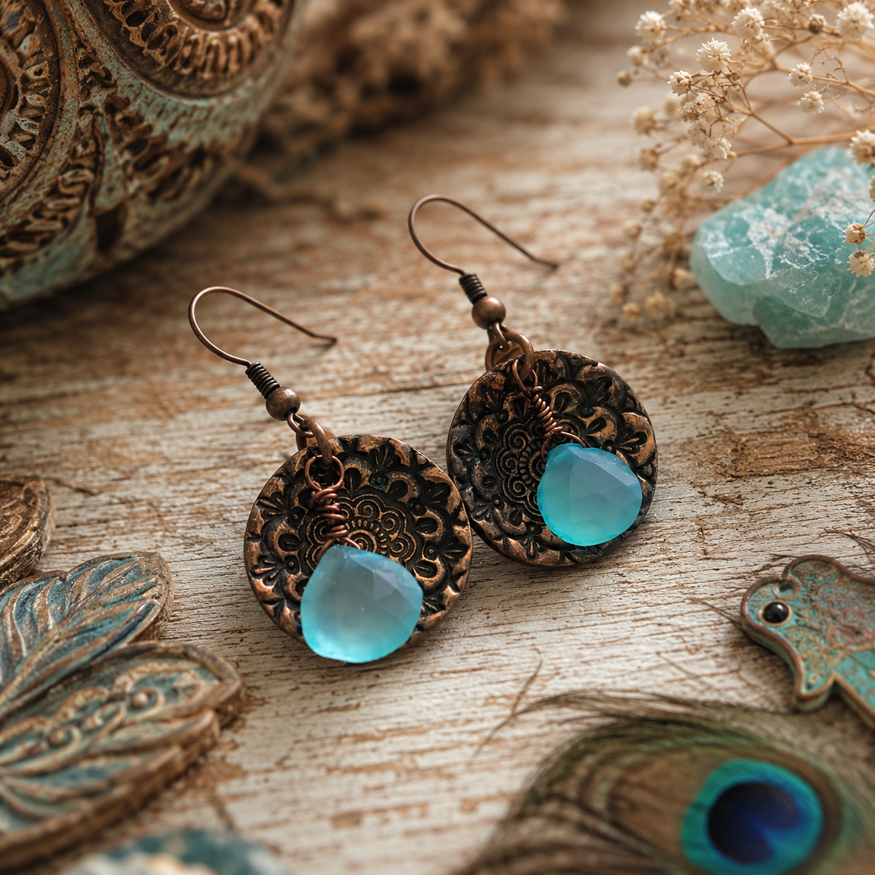Handmade blue chalcedony earrings with oxidized copper floral mandala discs. Aqua gemstone boho dangle earrings handcrafted in the USA. By Cosmicdeva 