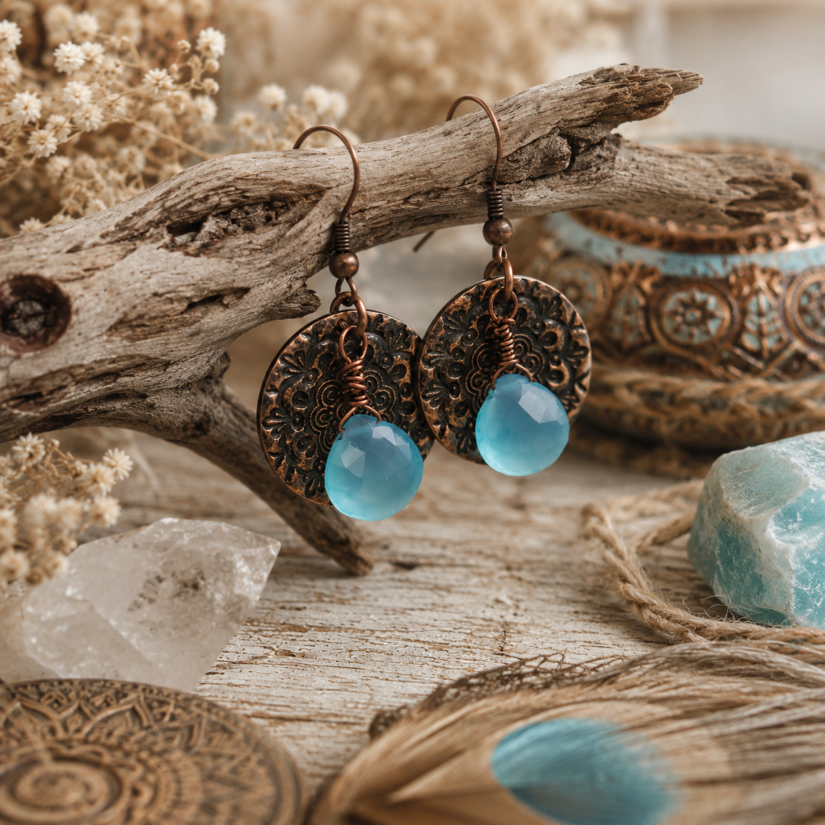 Handmade blue chalcedony earrings with oxidized copper floral mandala discs. Aqua gemstone boho dangle earrings handcrafted in the USA. By Cosmicdeva 