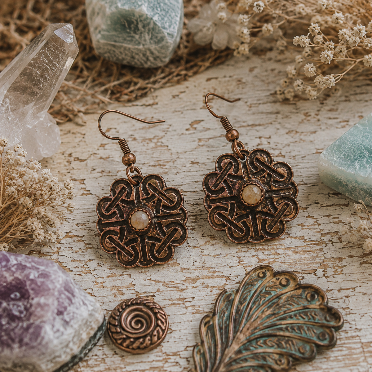 Handmade Celtic knot copper earrings with natural white tourmaline. Oxidized Irish-inspired dangle earrings with timeless symbolic style. By Cosmicdeva 