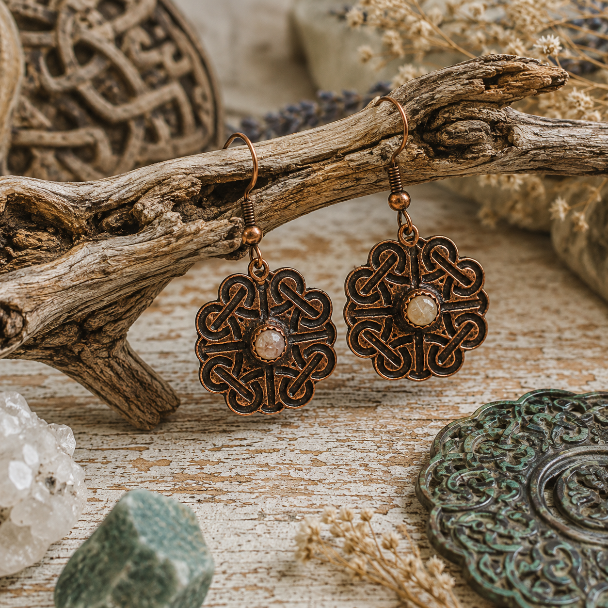 Handmade Celtic knot copper earrings with natural white tourmaline. Oxidized Irish-inspired dangle earrings with timeless symbolic style. By Cosmicdeva 
