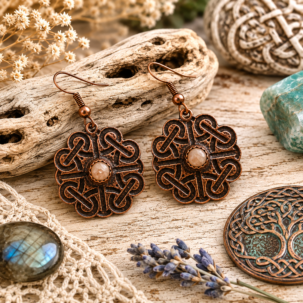 Handmade Celtic knot copper earrings with natural white tourmaline. Oxidized Irish-inspired dangle earrings with timeless symbolic style. By Cosmicdeva 