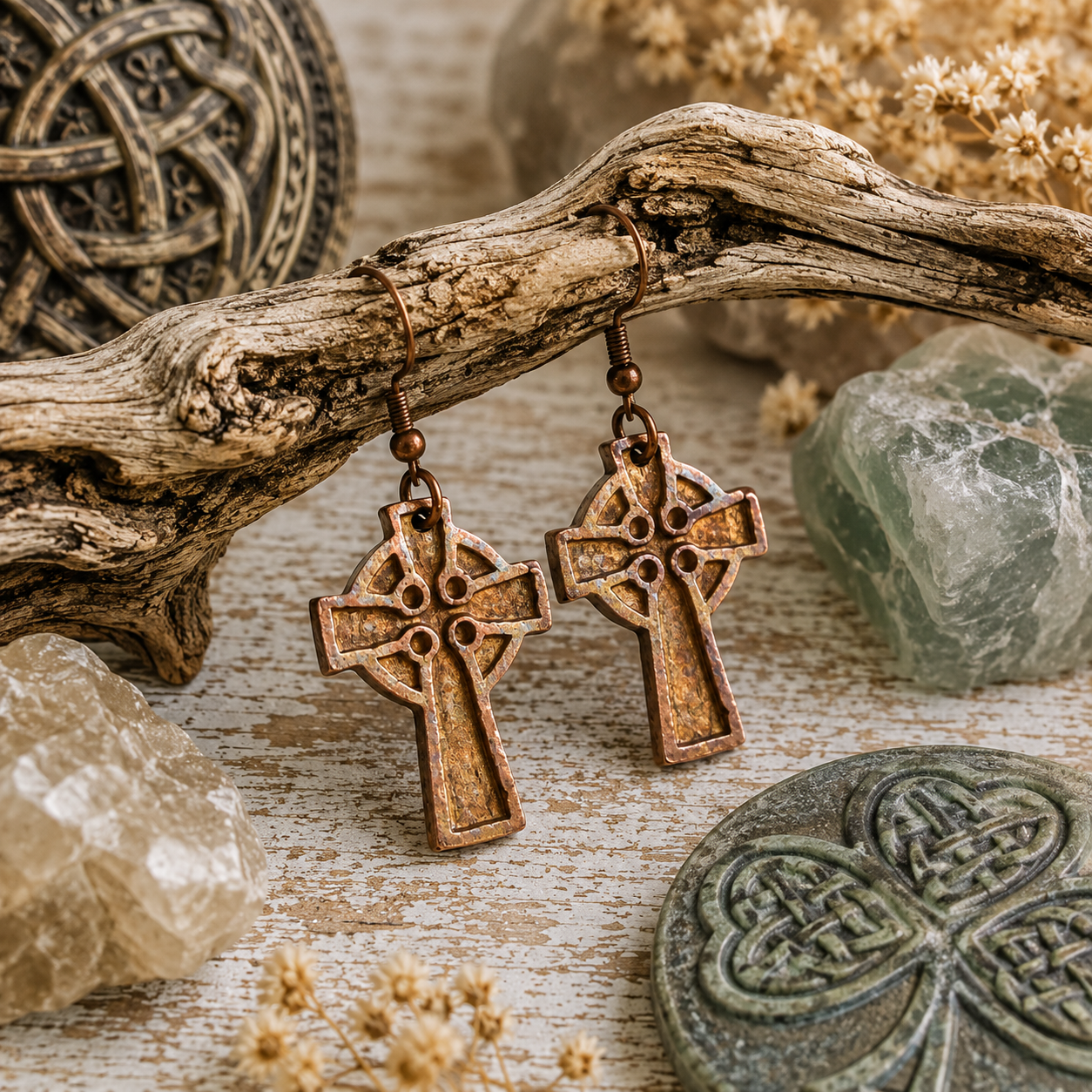 Handmade copper Celtic Cross earrings with an oxidized rustic finish. Unique Irish-inspired dangle earrings and meaningful Celtic jewelry gift, handmade in the USA. By Cosmicdeva 