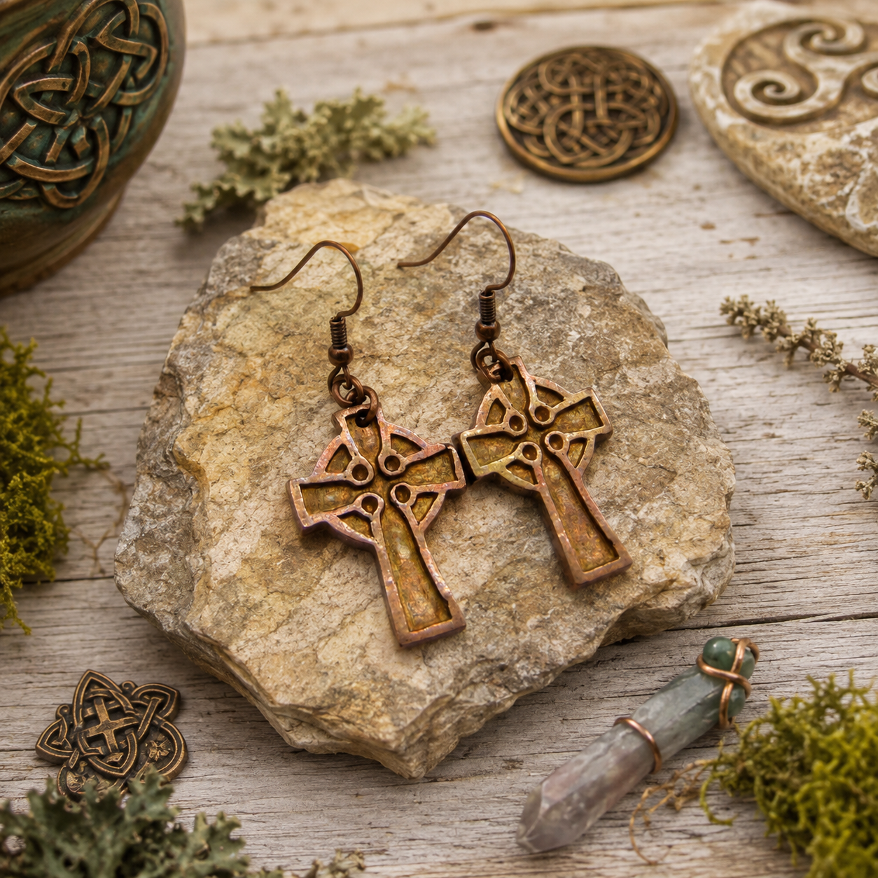 Handmade copper Celtic Cross earrings with an oxidized rustic finish. Unique Irish-inspired dangle earrings and meaningful Celtic jewelry gift, handmade in the USA. By Cosmicdeva 