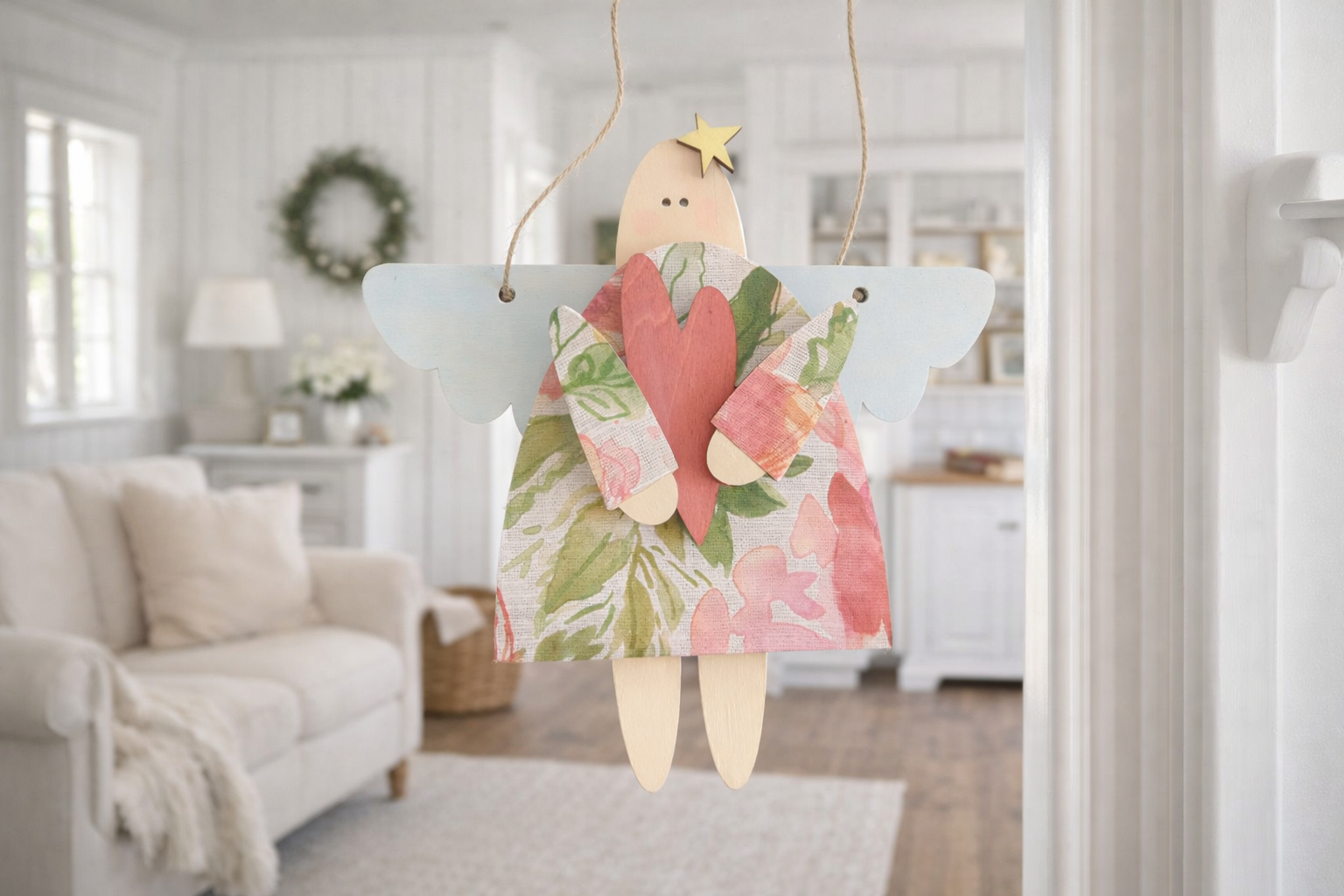 Hand Painted Wooden Folk Art Angel Ornament • Layered Christmas Angel • Floral Rustic Holiday Decor - CosmicDeva