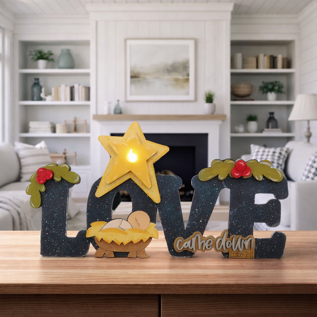 Wooden Love Came Down Christmas Shelf Sitter with LED Tealight – Hand Painted Nativity Decor – Rustic Christian Christmas Decoration - CosmicDeva