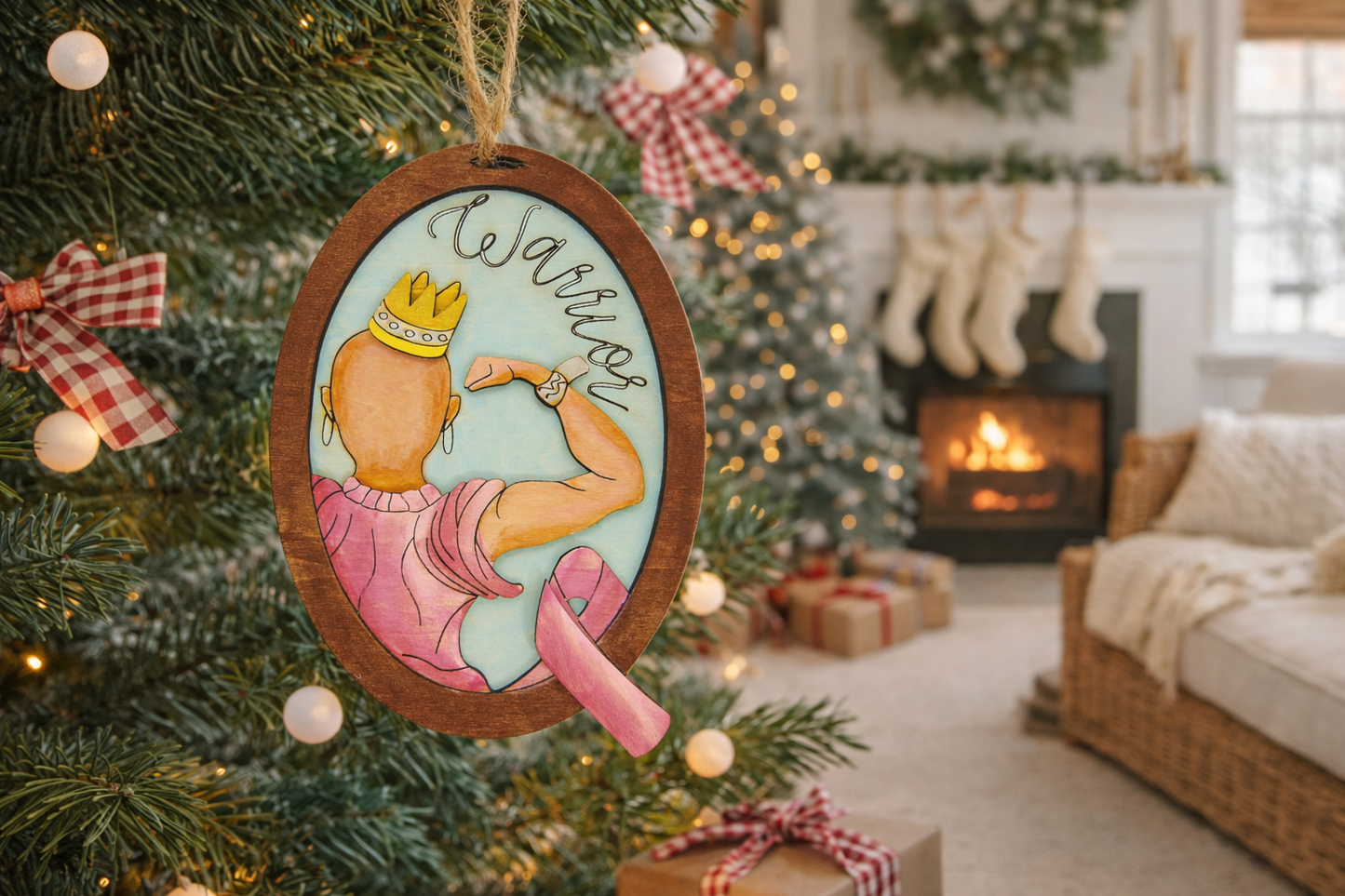 Hand painted Pink Cancer Warrior Ornament. Personalized breast cancer survivor gift with engraved name option. Meaningful awareness keepsake décor.