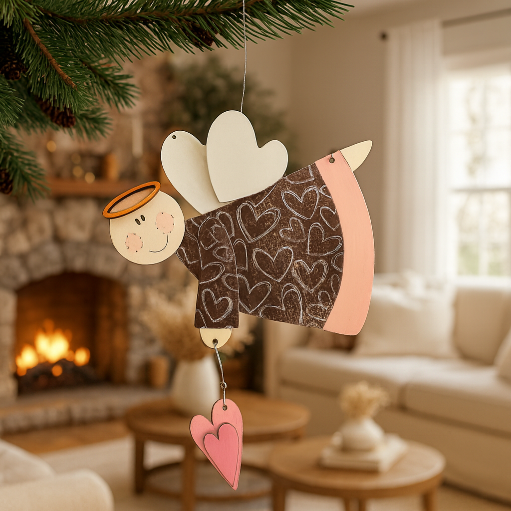 Farmhouse Wooden Flying Angel Ornament with Halo & Pink Heart – Rustic Hand Painted Christmas Décor - CosmicDeva