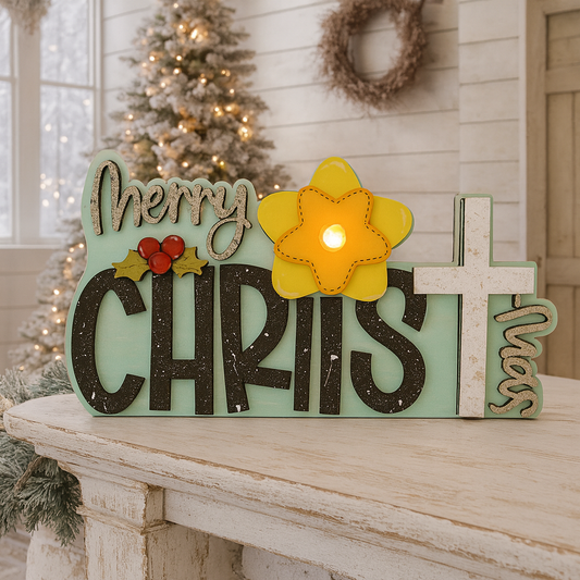 Rustic LED Merry Christmas Shelf Sitter, Lighted Wood Farmhouse Cottage Holiday Mantel Decor Sign - CosmicDeva