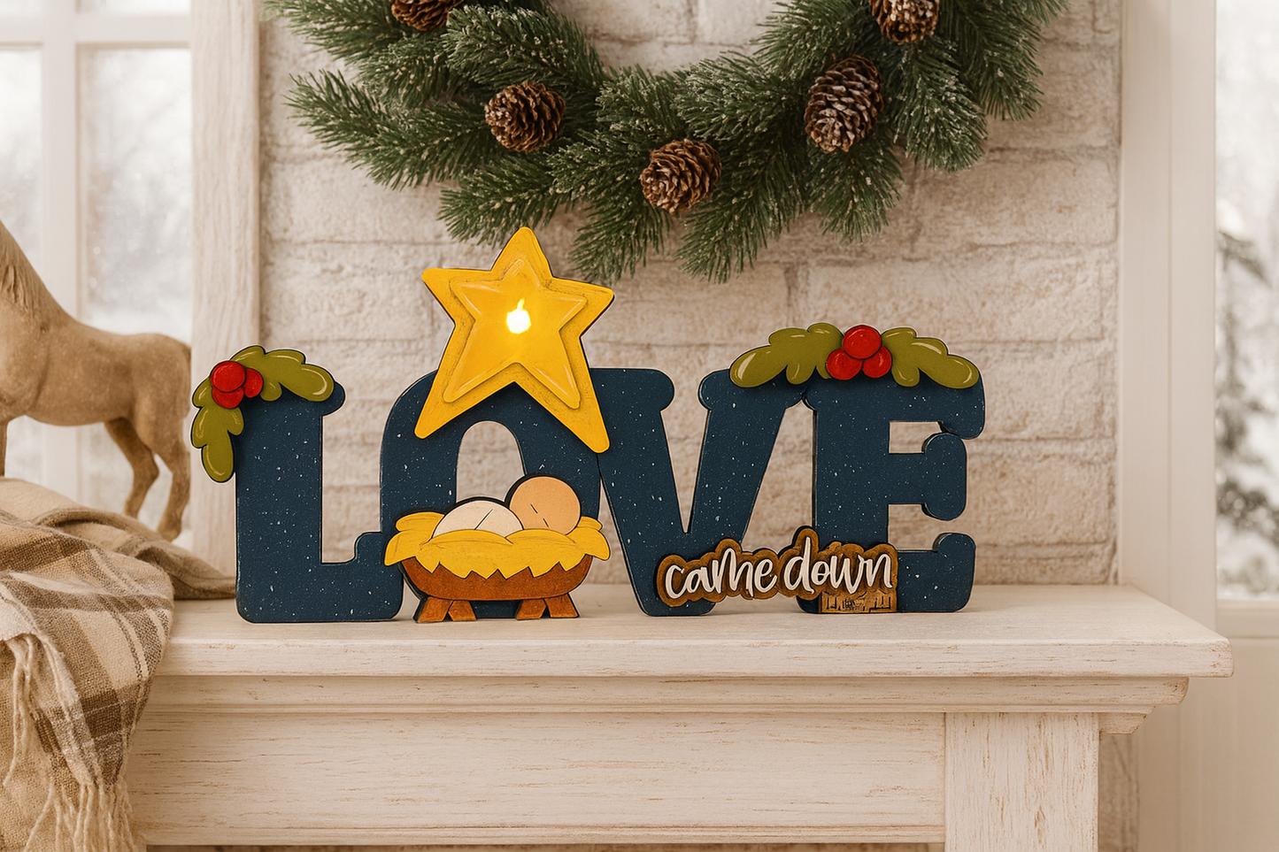 Wooden Love Came Down Christmas Shelf Sitter with LED Tealight – Hand Painted Nativity Decor – Rustic Christian Christmas Decoration - CosmicDeva