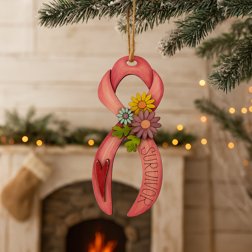 Hand painted wooden breast cancer survivor floral ribbon ornament with engraved “Survivor” text and layered heart. Meaningful pink ribbon awareness gift and inspirational keepsake.