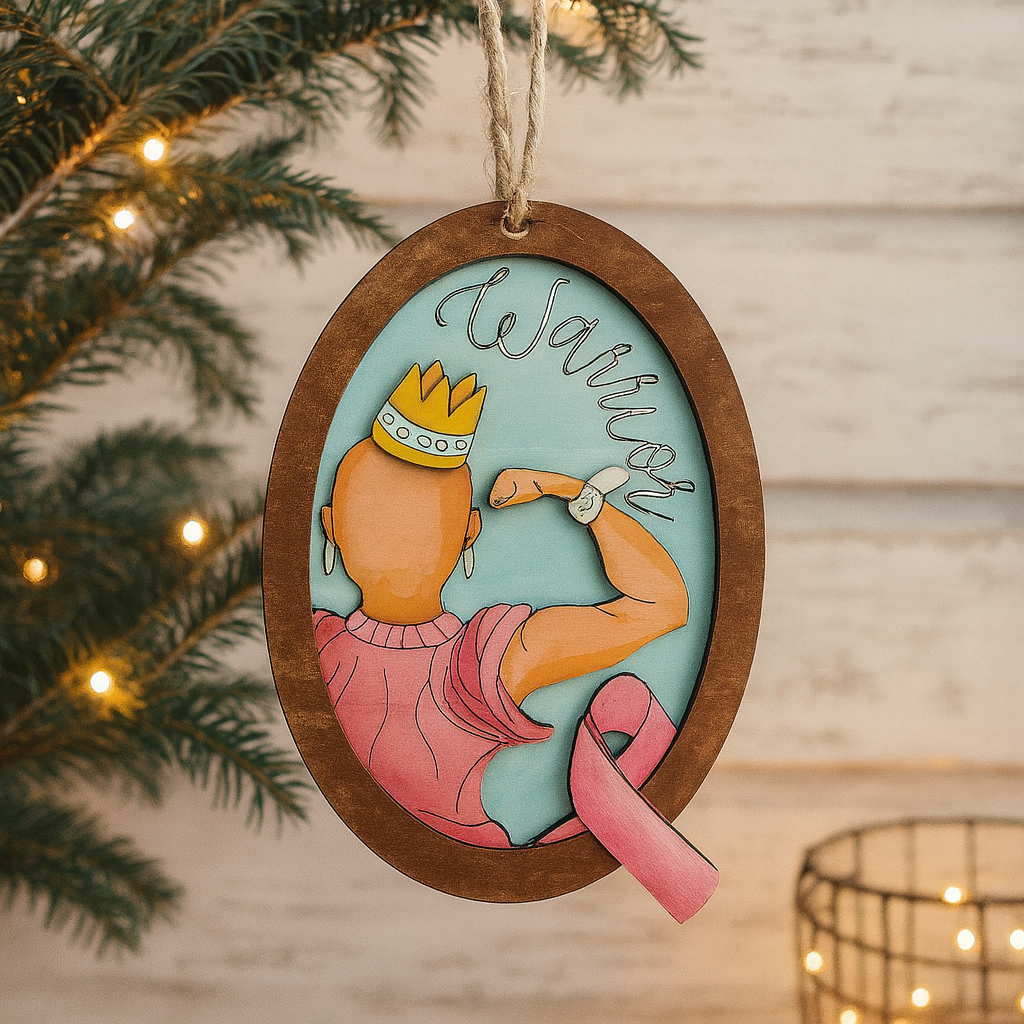Hand painted Pink Cancer Warrior Ornament. Personalized breast cancer survivor gift with engraved name option. Meaningful awareness keepsake décor.
