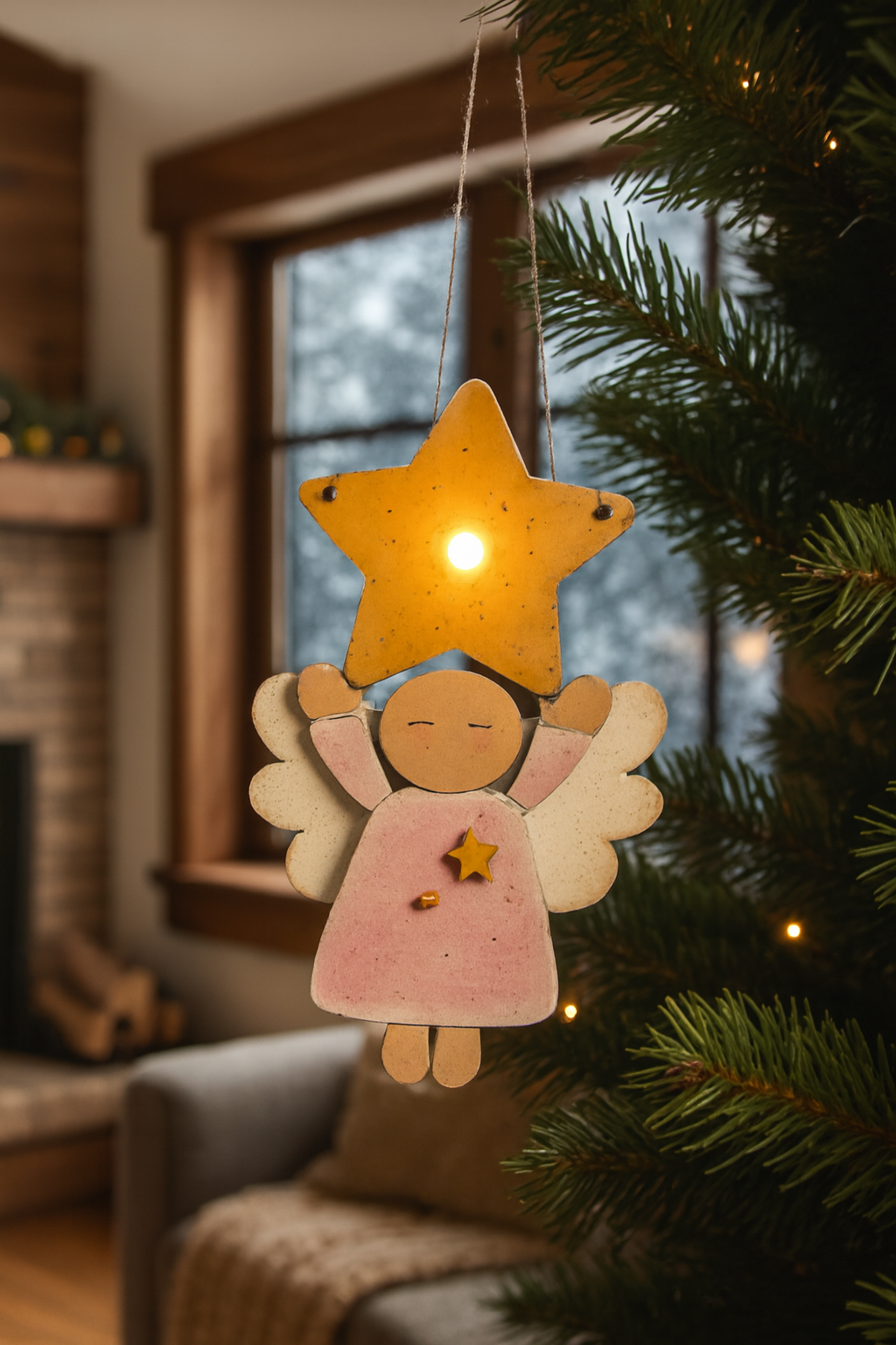 Wooden Primitive Angel Ornament with LED Tealight • Hand Painted Layered Basswood • Rustic Folk Art Christmas Decor - CosmicDeva